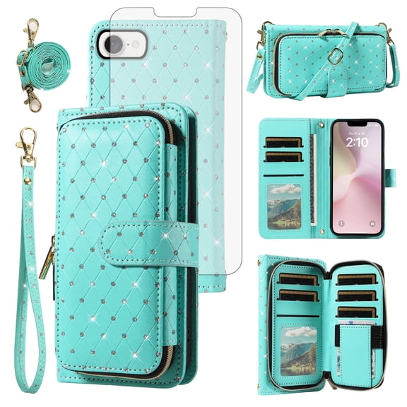Compatible with iPhone 16e/SE 2025/SE 4 Wallet Phone Case Tempered Glass Screen Protector Bling Glitter Crossbody Lanyard Strap Flip Zipper Purse Card Holder Cell Cover for i Phone16e SE4 Women Green