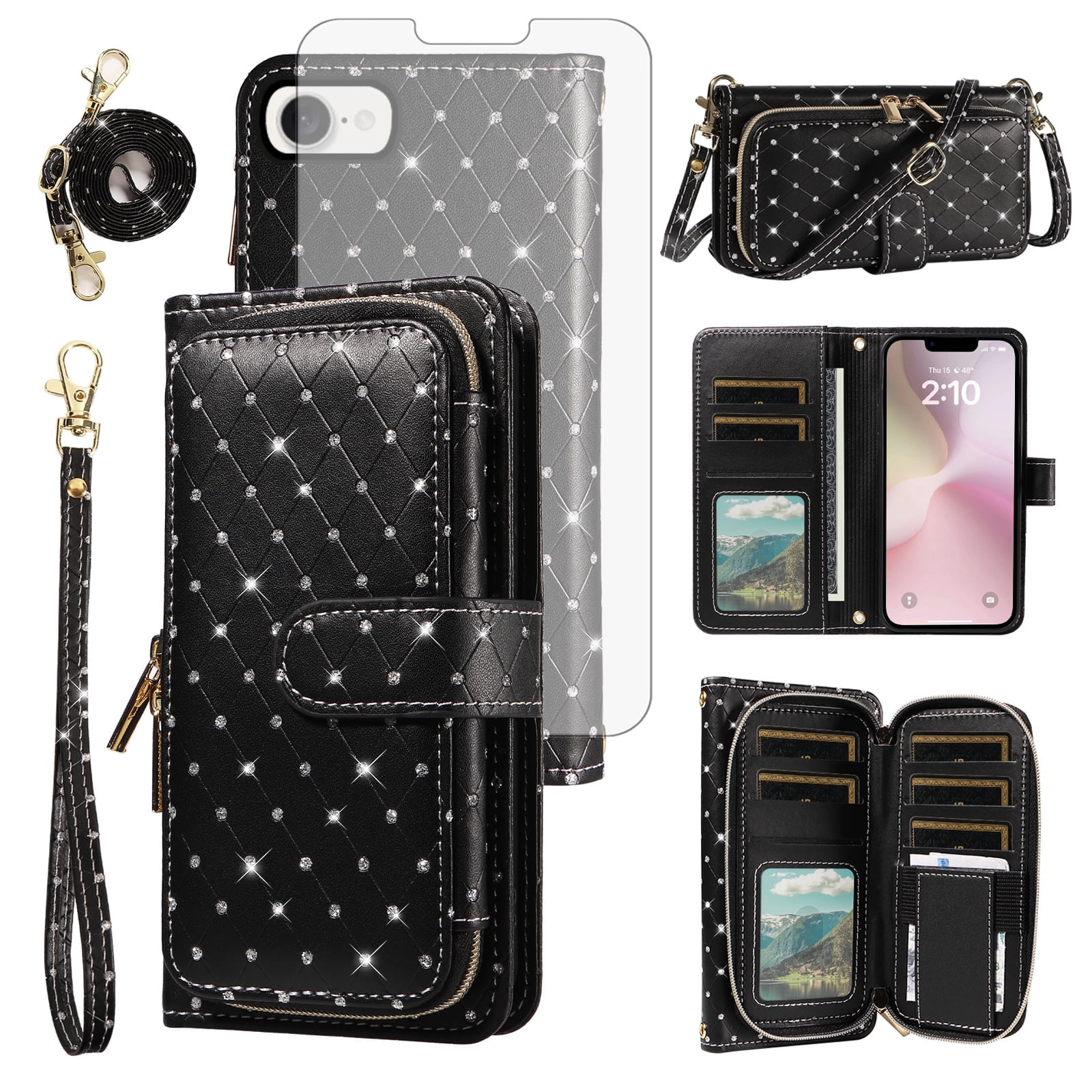 Compatible with iPhone 16e/SE 2025/SE 4 Wallet Phone Case Tempered Glass Screen Protector Bling Glitter Crossbody Lanyard Strap Flip Zipper Purse Card Holder Cell Cover for i Phone16e SE4 Women Black