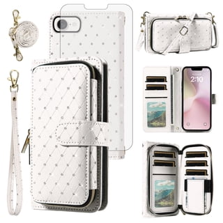 Compatible with iPhone 16e/SE 2025/SE 4 Wallet Phone Case Tempered Glass Screen Protector Bling Glitter Crossbody Lanyard Strap Flip Zipper Purse Card Holder Cell Cover for i Phone16e SE4 Women White