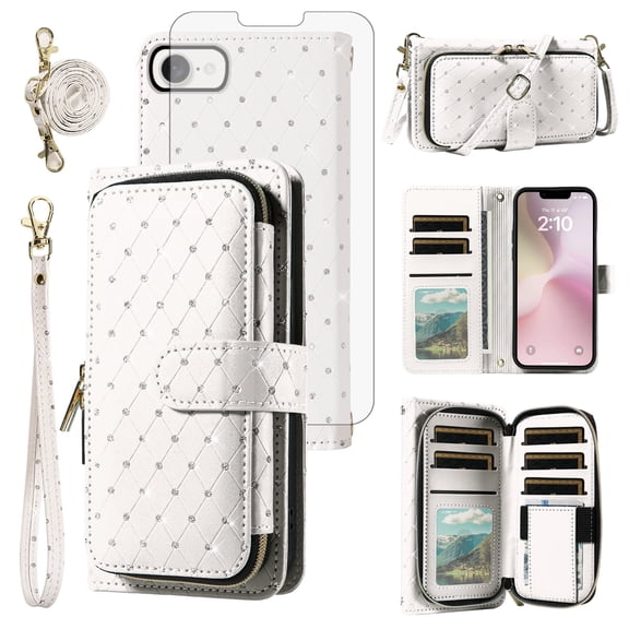 Compatible with iPhone 16e/SE 2025/SE 4 Wallet Phone Case Tempered Glass Screen Protector Bling Glitter Crossbody Lanyard Strap Flip Zipper Purse Card Holder Cell Cover for i Phone16e SE4 Women White