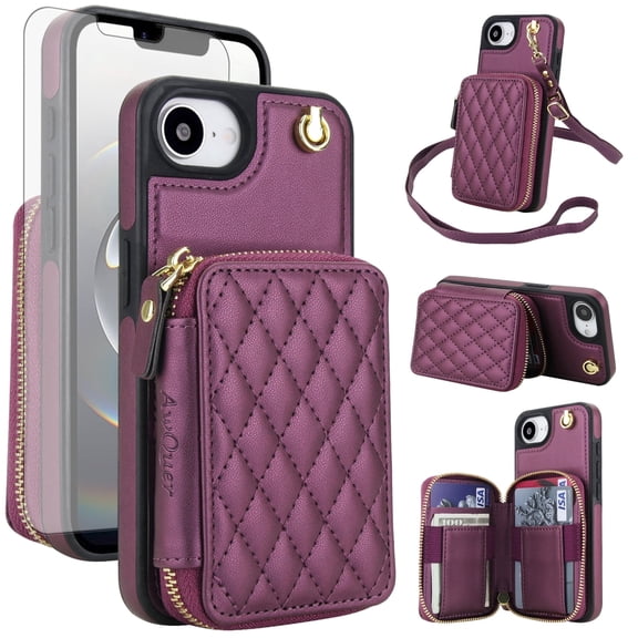 Compatible with iPhone 16e/SE 2025/SE 4 Wallet Phone Case Tempered Glass Screen Protector Wrist Crossbody Strap Stand Credit Card Holder RFID Slot Cell Cover for i Phone16e Women Girls Dark Purple