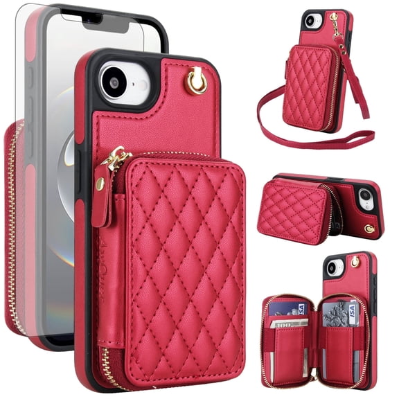 Compatible with iPhone 16e/SE 2025/SE 4 Wallet Phone Case Tempered Glass Screen Protector Wrist Crossbody Strap Stand Credit Card Holder RFID Slot Cell Cover for i Phone16e SE4 i16e Women Girls Red