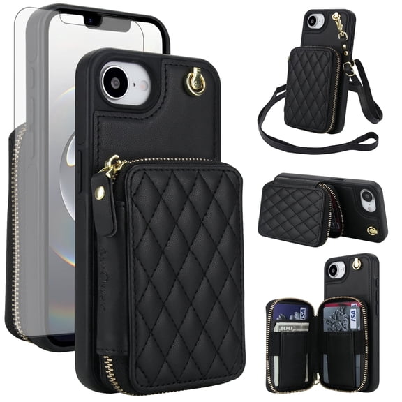 Compatible with iPhone 16e/SE 2025/SE 4 Wallet Phone Case Tempered Glass Screen Protector Wrist Crossbody Strap Stand Credit Card Holder RFID Slot Cell Cover for i Phone16e i16e SE4 Women Girls Black