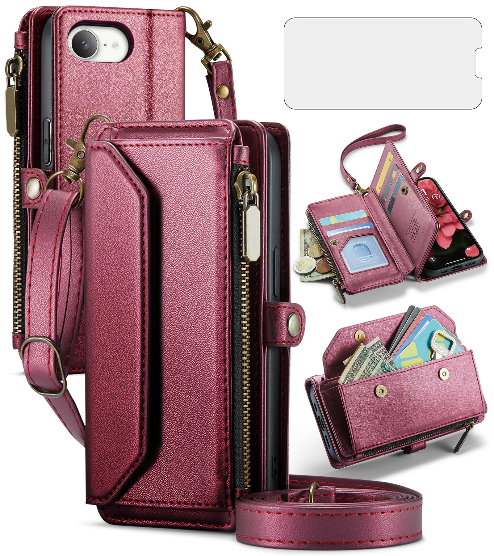 Compatible with iPhone 16e/SE 2025/SE 4 Zipper Wallet Phone Case Tempered Glass Screen Protector Crossbody Lanyard Strap Flip Card Holder Slot Cell Cover for i Phone16e i16e 16 e SE4 Women Wine Red