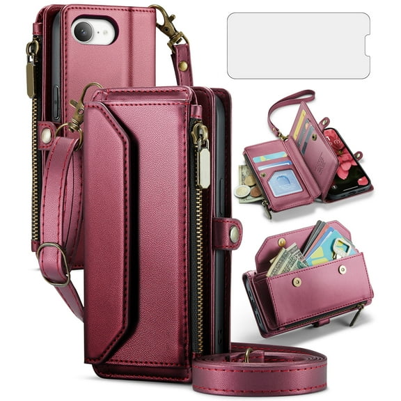 Compatible with iPhone 16e/SE 2025/SE 4 Zipper Wallet Phone Case Tempered Glass Screen Protector Crossbody Lanyard Strap Flip Card Holder Slot Cell Cover for i Phone16e i16e 16 e SE4 Women Wine Red