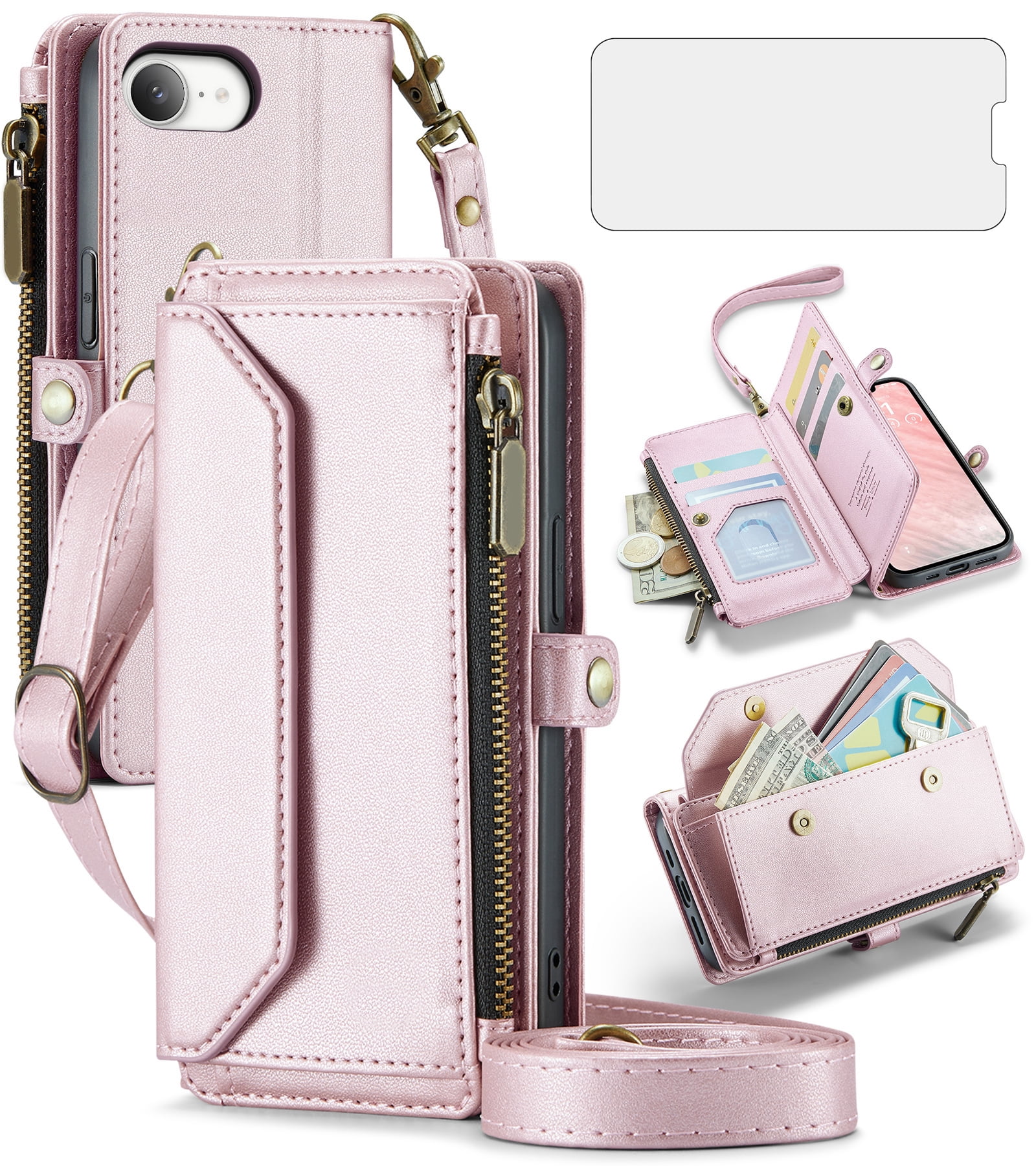 Compatible with iPhone 16e/SE 2025/SE 4 Zipper Wallet Phone Case Tempered Glass Screen Protector Crossbody Lanyard Strap Flip Card Holder Slot Cell Cover for i Phone16e i16e 16 e SE4 Women Rose Gold
