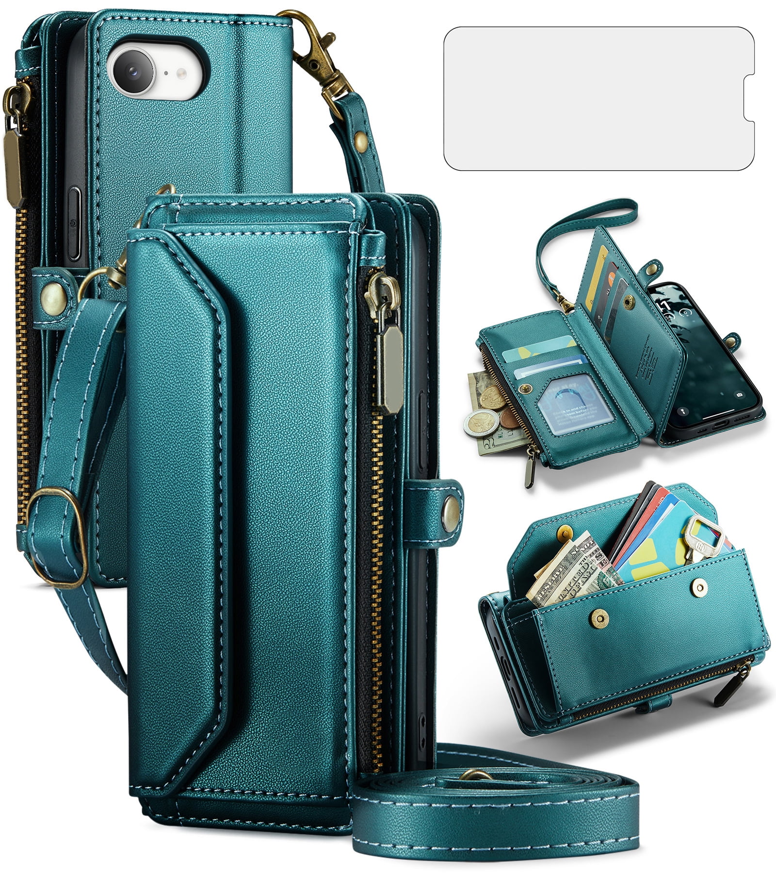 Compatible with iPhone 16e/SE 2025/SE 4 Zipper Wallet Phone Case Tempered Glass Screen Protector Crossbody Lanyard Strap Flip Card Holder Slot Cell Cover for i Phone16e i16e 16 e SE4 Women Green