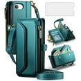thumbnail image 1 of Compatible with iPhone 16e/SE 2025/SE 4 Zipper Wallet Phone Case Tempered Glass Screen Protector Crossbody Lanyard Strap Flip Card Holder Slot Cell Cover for i Phone16e i16e 16 e SE4 Women Green, 1 of 9