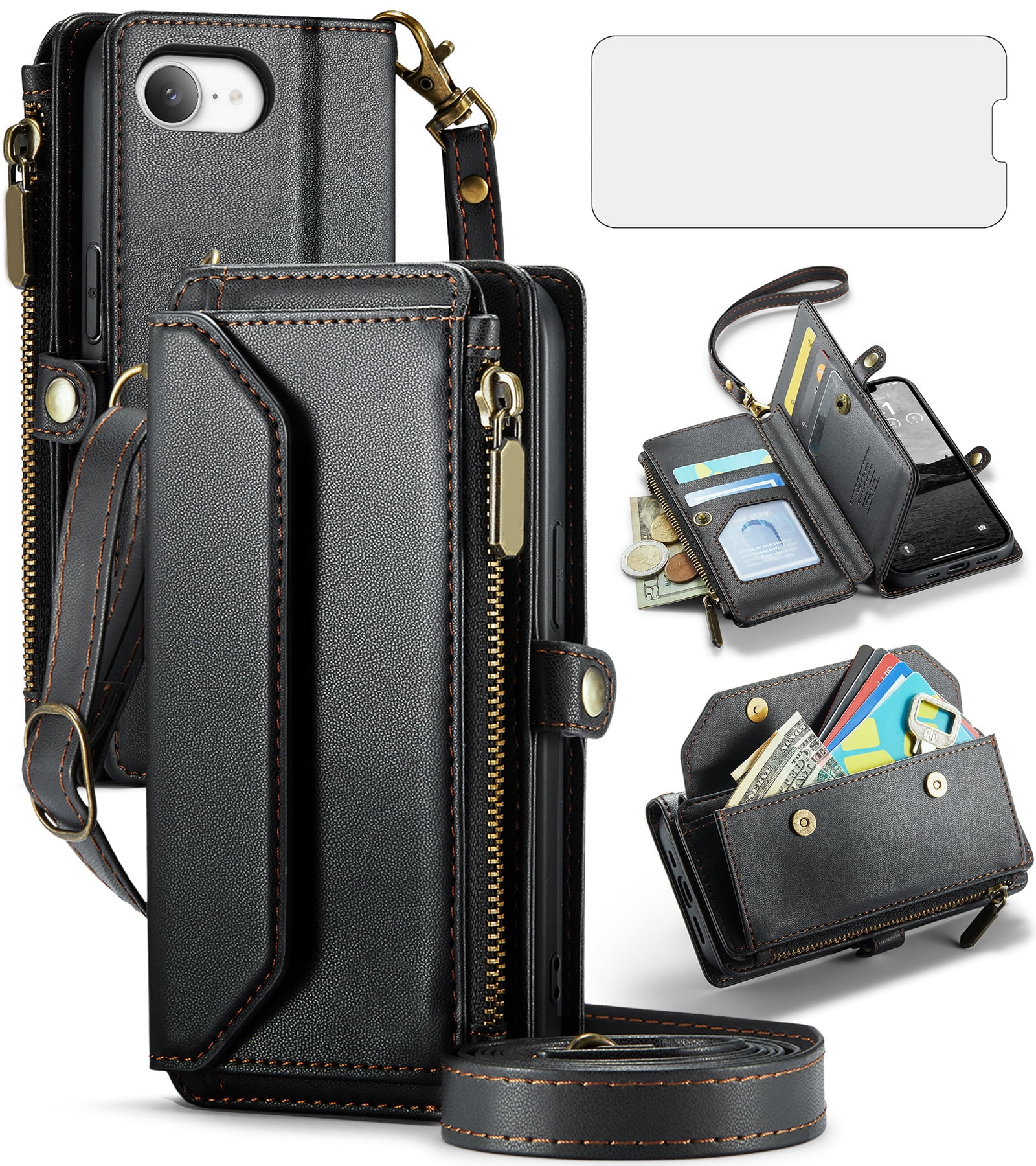 Compatible with iPhone 16e/SE 2025/SE 4 Zipper Wallet Phone Case Tempered Glass Screen Protector Crossbody Lanyard Strap Flip Card Holder Slot Cell Cover for i Phone16e i16e 16 e SE4 Women Black