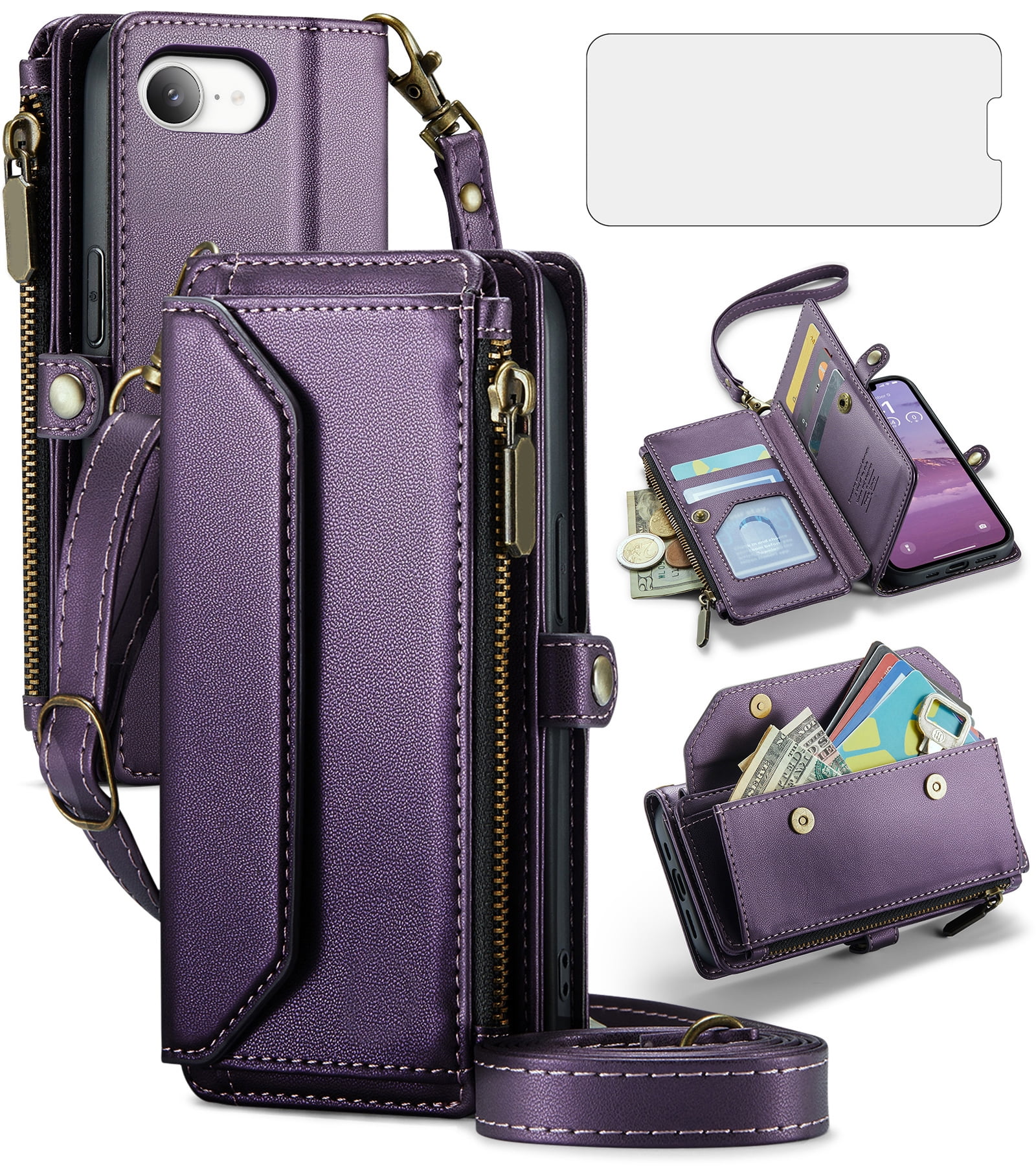 Compatible with iPhone 16e/SE 2025/SE 4 Zipper Wallet Phone Case Tempered Glass Screen Protector Crossbody Lanyard Strap Flip Card Holder Slot Cell Cover for i Phone16e i16e 16 e SE4 Women Purple