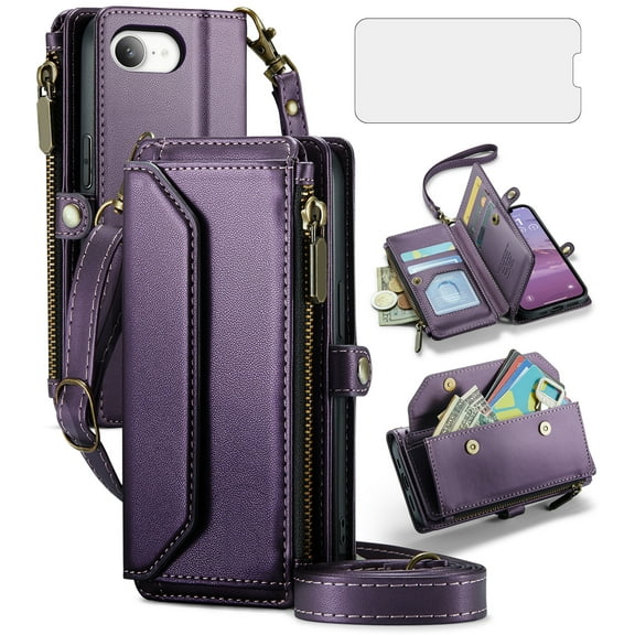 Compatible with iPhone 16e/SE 2025/SE 4 Zipper Wallet Phone Case Tempered Glass Screen Protector Crossbody Lanyard Strap Flip Card Holder Slot Cell Cover for i Phone16e i16e 16 e SE4 Women Purple