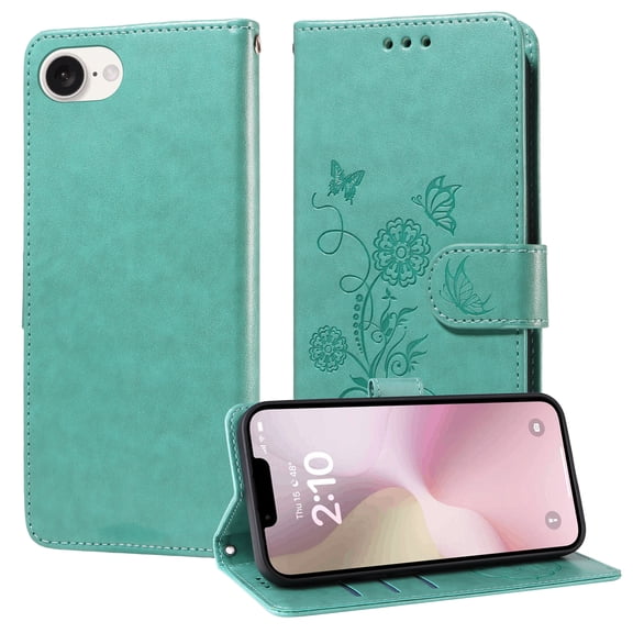 Compatible with iPhone 16e Wallet Case with Card Holder & Cash Slot [RFID Blocking],Wallet Wristlet Pressed Butterfly Flower PU Leather Magnetic Flip Folio Cover for Women Men,Green