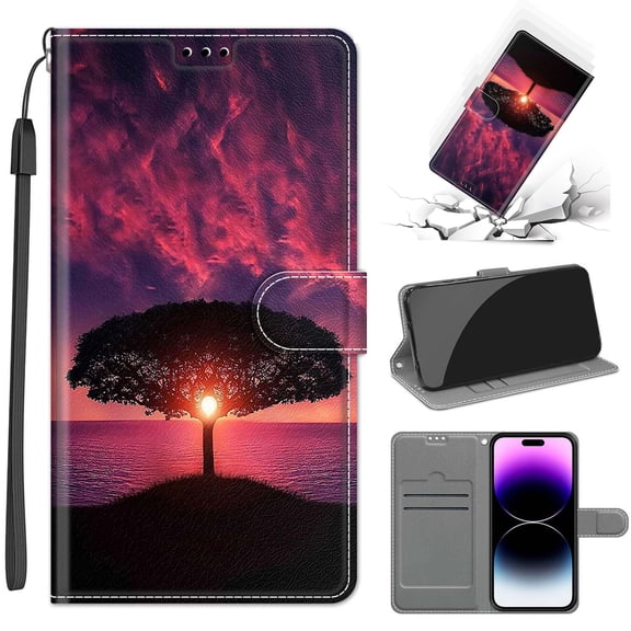 Compatible with iPhone 16e Wallet Case with Card Holder, Flip Pattern Painted PU Leather Kickstand Wrist Strap Shockproof Phone Case for iPhone 16e, Black Tree + Sunset