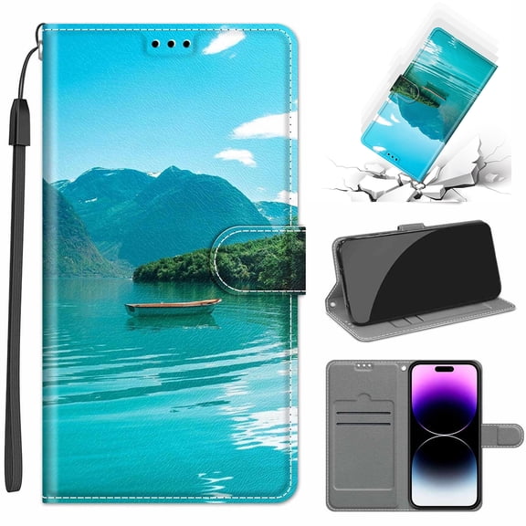 Compatible with iPhone 16e Wallet Case with Card Holder, Flip Pattern Painted PU Leather Kickstand Wrist Strap Shockproof Phone Case for iPhone 16e, Boat