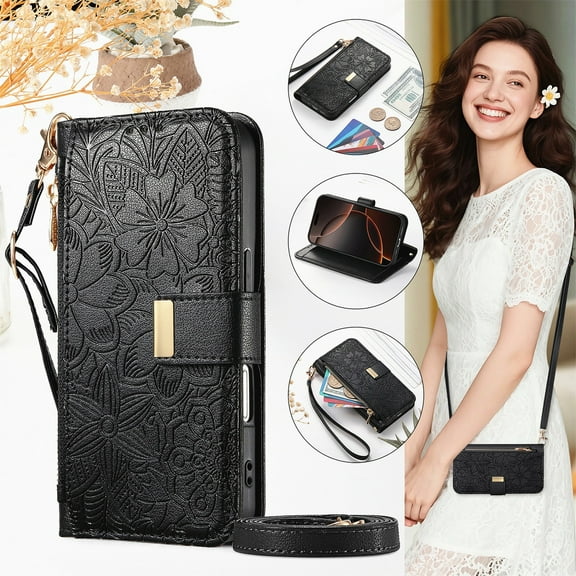 Compatible with iPhone 16e Wallet Case/Card Holder,RFID Blocking PU Leather Magnetic Clasp Case Flip Stand Cover Wrist Strap Zipper Coin Slot Embossed Flower Shockproof Case,Black