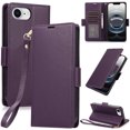 thumbnail image 1 of Compatible with iPhone 16e Wallet Case with Credit Card Holder & Cash Slot, RFID Blocking Durable PU Leather Flip Magnetic Protective Stand Cover Wrist Strap Women Men,Darkpurple, 1 of 7