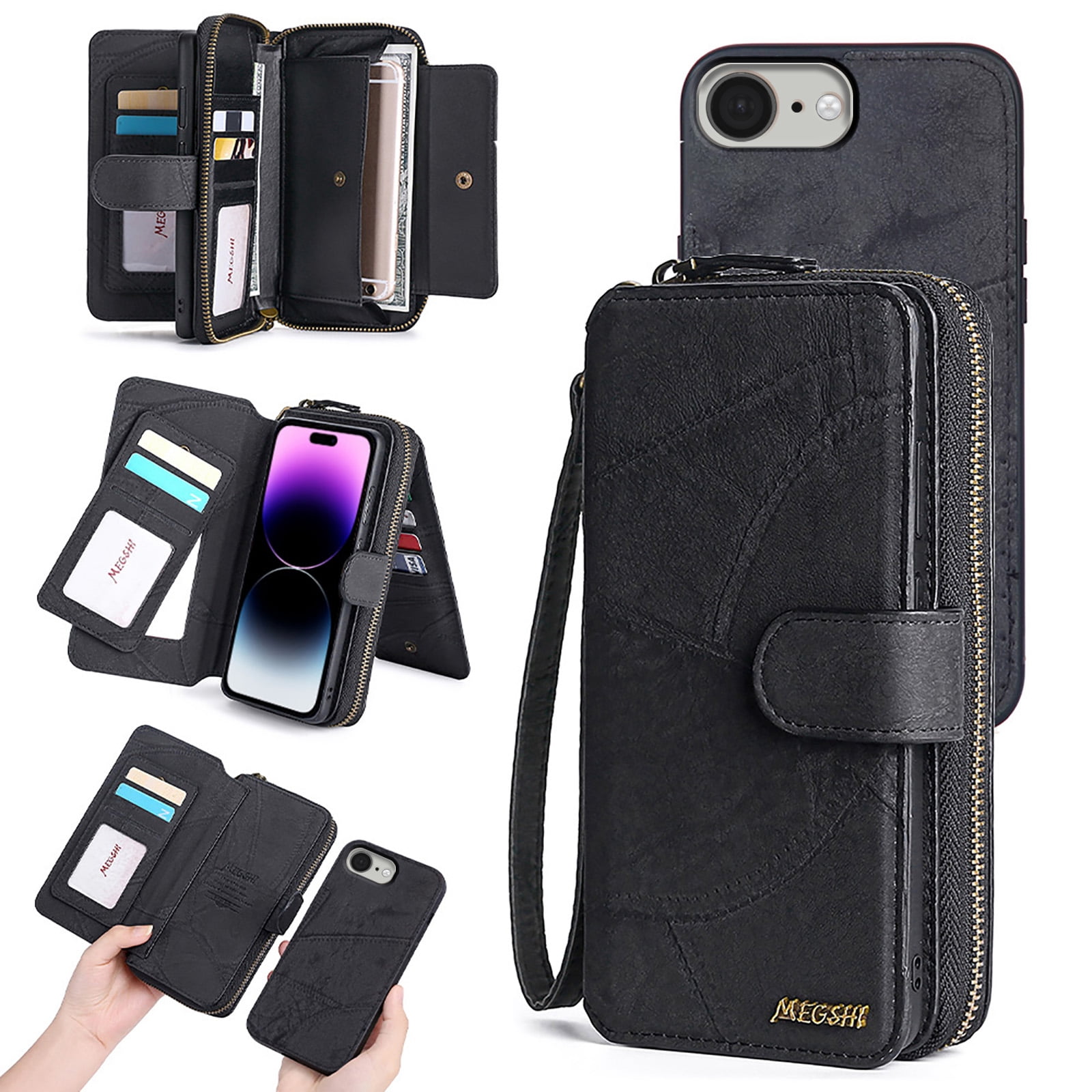 Compatible with iPhone 16e Wallet Case,Multi-Function Detachable 2 in 1 Magnetic,Flip Kickstand Strap Zipper Pocket Cash Slot Card Holder Purse Phone Case with Wrist Strap,Black