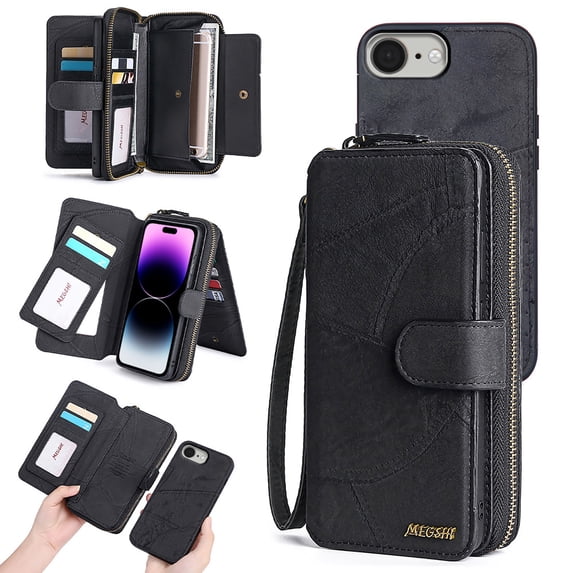 Compatible with iPhone 16e Wallet Case,Multi-Function Detachable 2 in 1 Magnetic,Flip Kickstand Strap Zipper Pocket Cash Slot Card Holder Purse Phone Case with Wrist Strap,Black