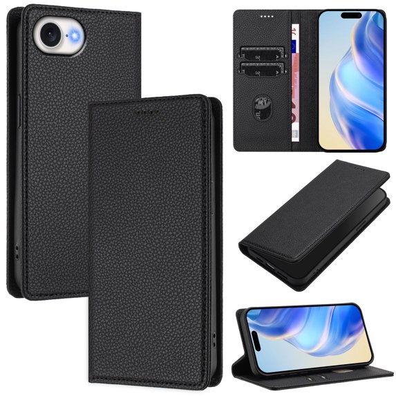 Compatible with iPhone 16e Wallet Case with RFID Blocking Credit Card Holder, PU Leather Folio Flip Kickstand Protective Shockproof Cover Women Men for iPhone 16e Phone Case - Black