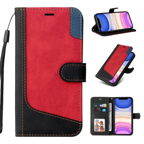Compatible with iPhone 16e Wallet Case, Shockproof Flip Folio Leather Wallet Cover with Card Slots Invisible Kickstand with wrist Strap Case Cover for iPhone 16e, Red