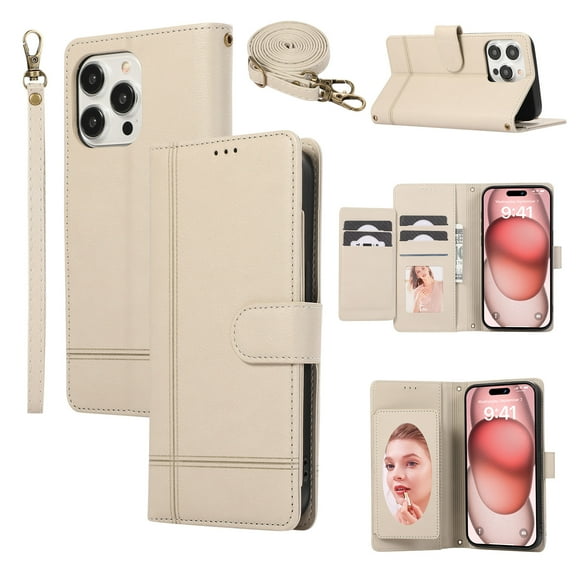 Compatible with iPhone 16e Wallet Case, with Wrist Strap and Crossbody Strap, Make-up Mirror PU Leather Flip Credit Cell Cover Kickstand for iPhone 16e Girls Women, Beige