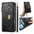 thumbnail image 1 of Compatible with iPhone 16e Wallet Phone Case,With Shoulder Strap&Wrist Strap,Zipper Pocket,Card Slots,Flip Folio Kickstand,Flower&Leaf Emboss PU Leather Shockproof Phone Case,Black, 1 of 12