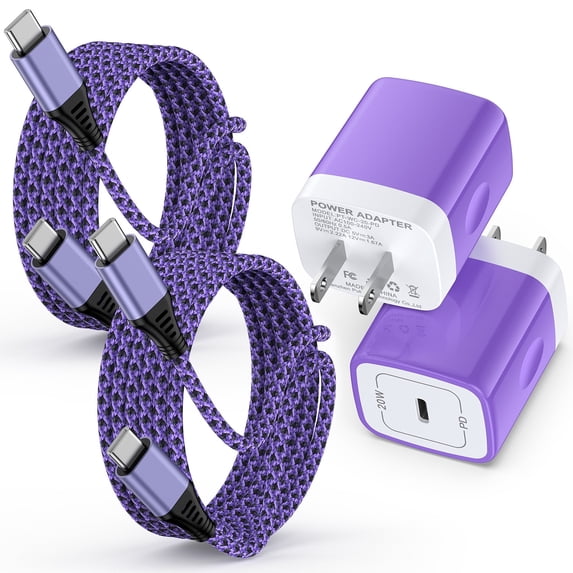 Compatible with iPhone 17 16 15 Charger Block, KIGPOZI 2-Pack 20W USB C Charger Fast Charging Block with 10ft Type C Cable USB C to C Charging Cords, Wall Charger Type C Charger USB C Block[Purple]