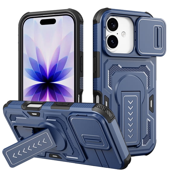 Compatible with iPhone 17 / 16 Pro Case with Sliding Camera Cover & Adjustable Kickstand, Rugged Shockproof Bumper Cases Heavy-Duty Protective Phone Cover, Blue