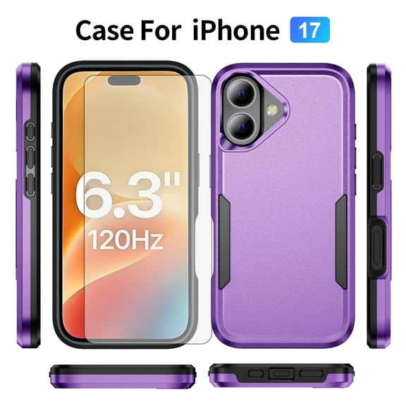 Compatible with iPhone 17 6.3 in Phone Case Tempered Glass Screen Protector Hybrid Rugged Shockproof Hard Protective Drop Proof Full Body Heavy Duty Mobile Cell Cover for i Phone17 i17 17Case Purple