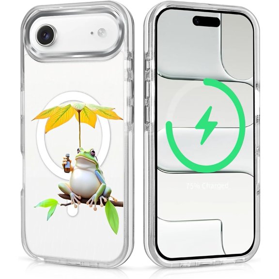 Compatible with iPhone 17 Air White Case for MagSafe, Clear Classic Hybrid Magnetic Scratch Resistant Back Drop Protection Creative 3D Frog Leaf Umbrella Case