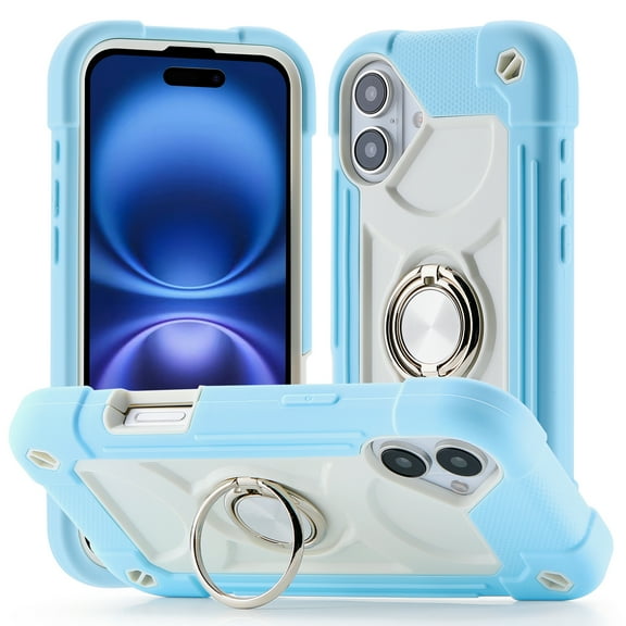 Compatible with iPhone 17 Case, with 360° Rotate Ring Stand, Military Grade Drop Protection Full Body Rugged Heavy Duty Case 3 in 1 Protective Cover, Lightblue