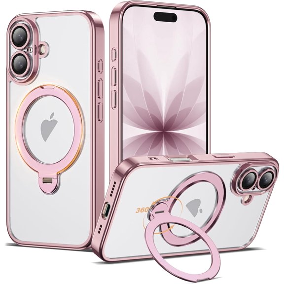 Compatible with iPhone 17 Case with 360° Spin Magnetic Ring Stand [Compatible with Mag-Safe] Full Camera Lens Protector Plating Clear Phone Case for iPhone 17 6.3", Pink