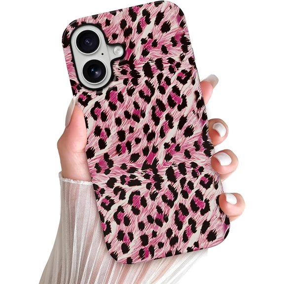 Compatible with iPhone 17 Case Cute Leopard Print Phone Case for Women Girl Shockproof Soft TPU and Hard PC Double Layer Protective Cover, Pink Leopard