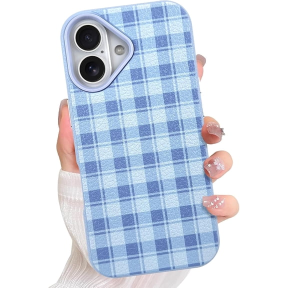 Compatible with iPhone 17 Case Cute Retro Checkered Phone Case for Women Girls Girly Aesthetic, Dual-Layer Protection Shockproof Cover for 17 6.3 Inch, Blue Checkered
