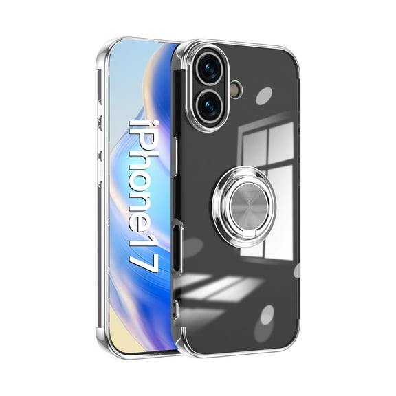 Compatible with iPhone 17 Case, with Ring Holder Kickstand Clear Soft Silicone with Car Magnetic Shockproof TPU Cover Transparent Phone Case Slim Thin for iPhone 17, Silver