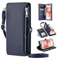 Compatible with iPhone 17 Case Wallet with Card Holder for Women Men, PU Leather Magnetic Snap Flip Zipper Wrist Strap and Crossbody Strap Stand Phone Case for iPhone 17, Darkblue