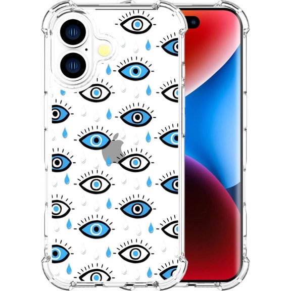 Compatible for iPhone 17 Cases with Design, Cute Transparent Phone Case for Women Girls Girly with Heavy Duty Protective Bumper (Clear Blue Evil Eyes)