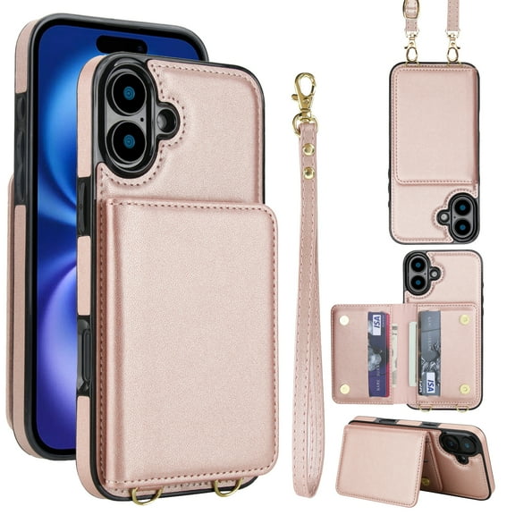 Compatible with iPhone 17 Crossbody Strap & Wrist Strap Wallet Case with Card Holder Women,Phone Case RFID Blocking PU Leather Handbag Shockproof Magnetic Flip Stand Cover,