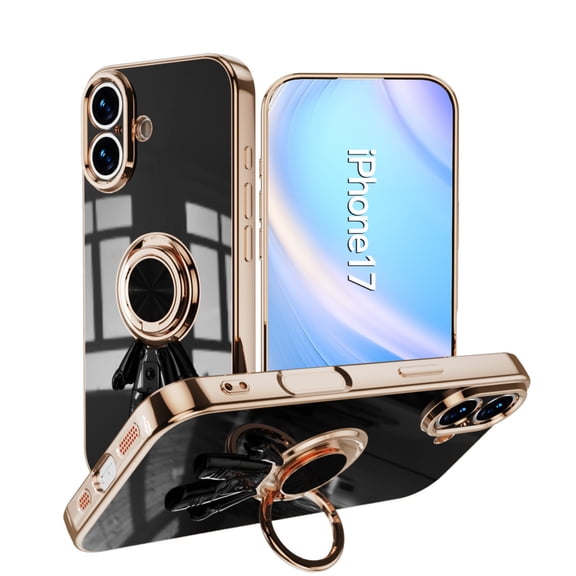 Compatible with iPhone 17 Cute Case with 3D Astronaut 360 Ring Holder Hidden Kickstand Plating Camera Protection Cover Soft Silicone Bumper Phone Case for Women Men,Black