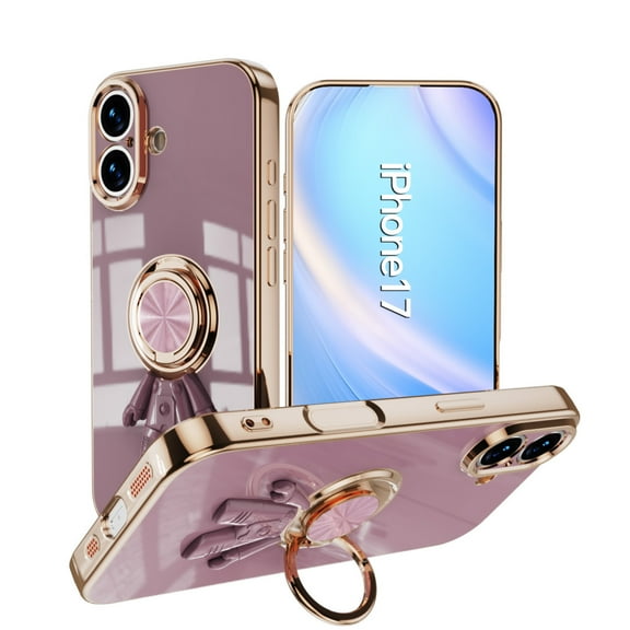 Compatible with iPhone 17 Cute Case with 3D Astronaut 360 Ring Holder Hidden Kickstand Plating Camera Protection Cover Soft Silicone Bumper Phone Case for Women Men,Purple