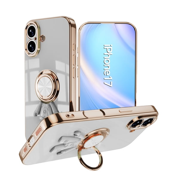 Compatible with iPhone 17 Cute Case with 3D Astronaut 360 Ring Holder Hidden Kickstand Plating Camera Protection Cover Soft Silicone Bumper Phone Case for Women Men,White