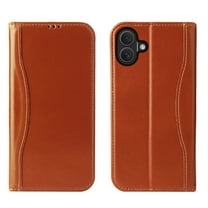 Compatible with iPhone 17 Genuine Leather Case, Wallet Folio Case with Magnetic Closure Kickstand Card Slots, Shockproof TPU Shell, Protective Flip Book Cover for iPhone 17, Brown