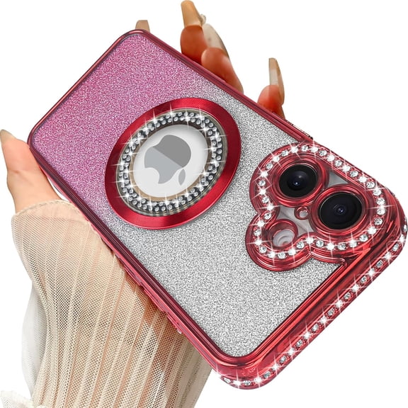 Compatible with iPhone 17 Magnetic Glitter Case Compatible with Magsafe Luxury Bling Rhinestone Case with Logo View Plating Sparkle Diamond Camera Lens Protection for Women Girls