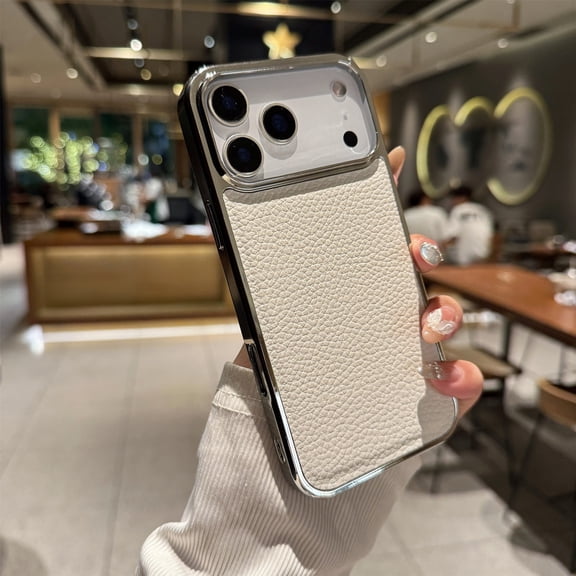 Compatible with iPhone 17 Phone Case,Electroplated Frame Design,Lychee Pattern PU Leather Back,Ultra Slim Shockproof Anti-Scratch Drop Protection Durable Lightweight Phone Case,Silver
