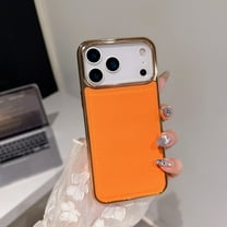 Compatible with iPhone 17 Phone Case,Electroplated Frame Design,Lychee Pattern PU Leather Back,Ultra Slim Shockproof Anti-Scratch Drop Protection Durable Lightweight Phone Case,Orange