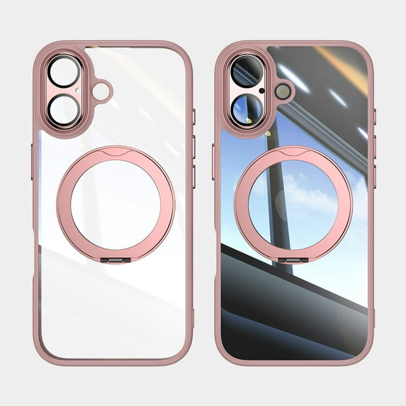 Compatible for iPhone 17 Phone Case with Stand, Rotatable Ring Holder Kickstand Rugged Shockproof Protective Cover Case with Camera Lens Protector for iPhone 17, Pink