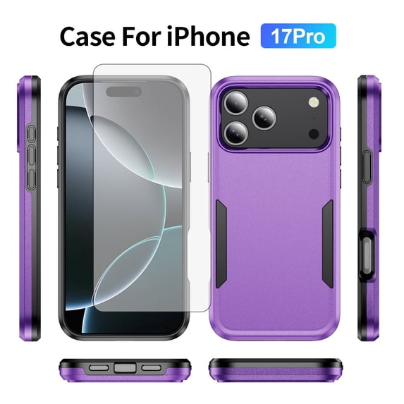 Compatible with iPhone 17 Pro 6.3 Phone Case Tempered Glass Screen Protector Hybrid Rugged Shockproof Hard Protective Drop Proof Full Body Heavy Duty Mobile Cell Cover for i Phone17 i17 17Pro Purple
