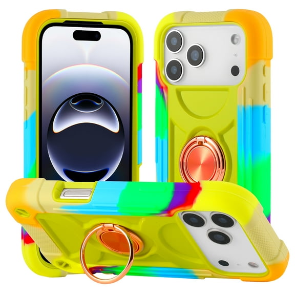 Compatible with iPhone 17 Pro Case, with 360° Rotate Ring Stand, Military Grade Drop Protection Full Body Rugged Heavy Duty Case 3 in 1 Protective Cover, Colorful Yellow Green