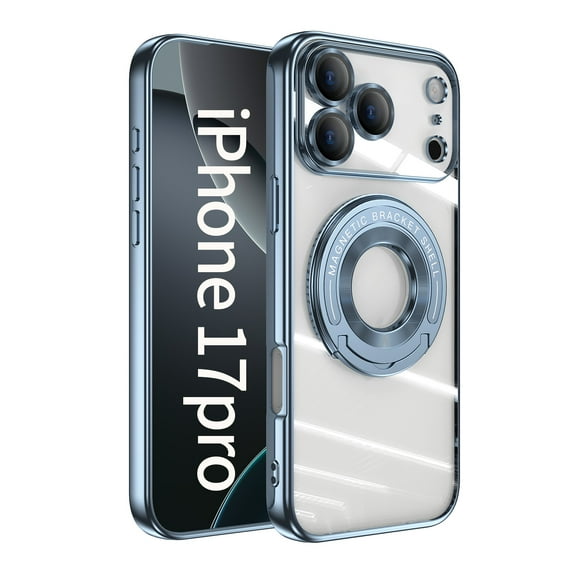 Compatible with iPhone 17 Pro Case with Rotating Magnetic Ring Stand, [Compatible with MagSafe] [Full Camera Lens Protector] Plating Clear Slim Phone Case for iPhone 17 Pro, Blue
