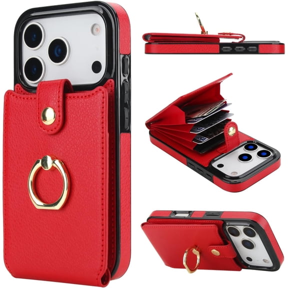 Compatible with iPhone 17 Pro Case Wallet with Card Holder, 360°Rotation Finger Ring Holder Kickstand, RFID Blocking Leather Protective Double Buttons Shockproof Cover 6.3 Inch Red